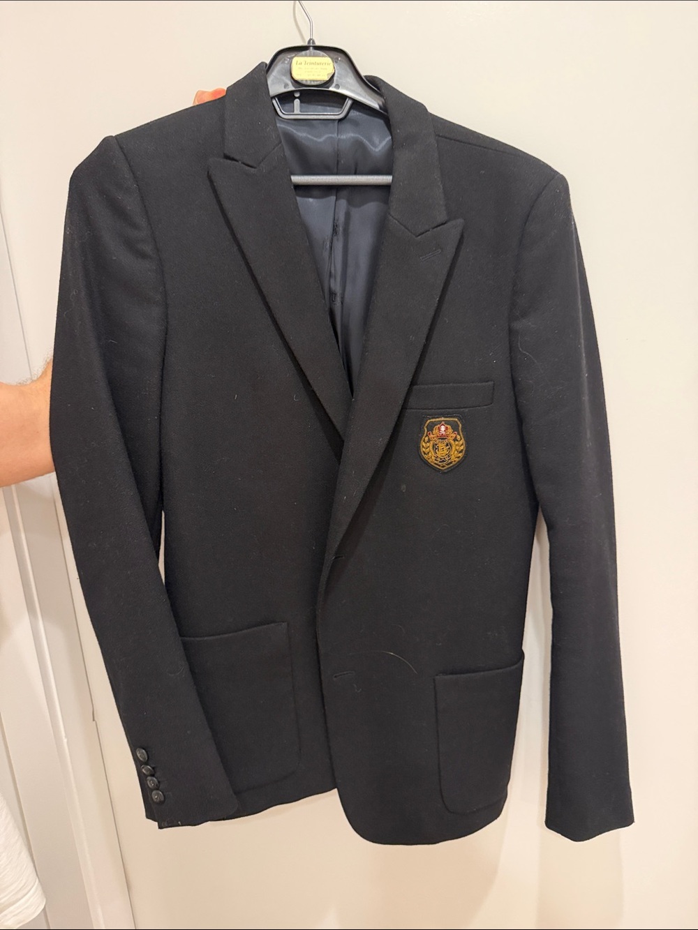 The Kooples Black Blazer with Embroidered Crest Patch